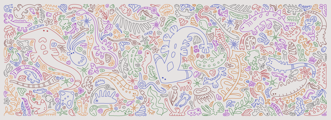 カラフルな線画の架空生物のイラスト