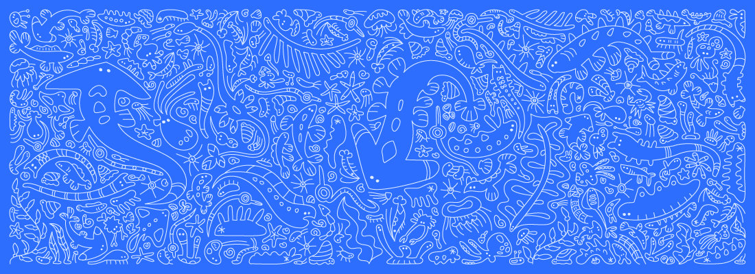 青の背景に白い線画の架空生物のイラスト